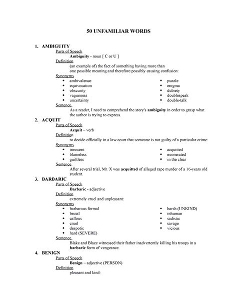 50 Unfamiliar Words - 50 UNFAMILIAR WORDS 1. AMBIGUITY Parts of Speech ...