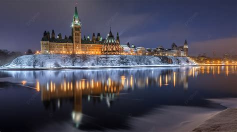 Ottawa Parliament In Winter With Reflection And Frozen River Background ...