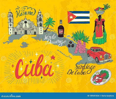 Illustrated Tourist Map of Cuba. Stock Vector - Illustration of cane, city: 189397836