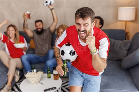 Football Fans Celebrating Their Team Victory while Watching the Game on TV Stock Photo - Image ...