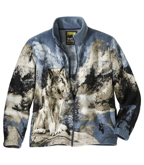 Men's Wolf Print Fleece Jacket - Blue Grey | Atlas For Men