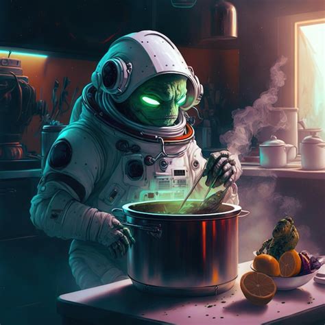 Premium Photo | Alien astronaut in space kitchen