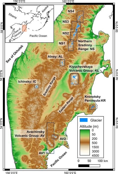 Map of the Kamchatka Peninsula with elevation based on ALOS World 3D ...