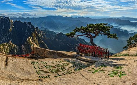 Download wallpapers Mount Hua, 4k, HDR mountains, hieroglyphs, China, Asia, beautiful nature for ...