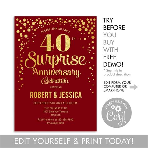 INSTANT DOWNLOAD 40th Surprise Wedding Anniversary Party - Etsy UK ...