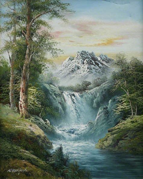 Waterfall and Mountains Sunset Canvas Painting, Texture Painting On ...