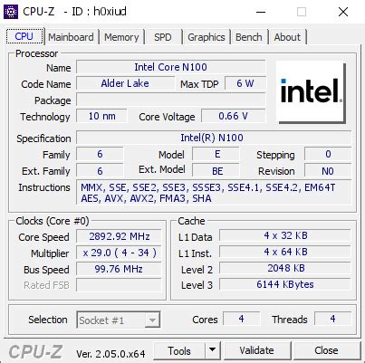 Intel Core N100 @ 2892.92 MHz - CPU-Z VALIDATOR