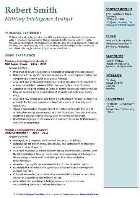 Military Intelligence Analyst Resume Samples | QwikResume