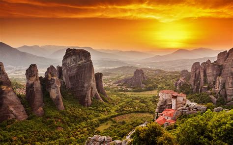 Download Sunset Monastery Greece Religious Meteora 4k Ultra HD Wallpaper