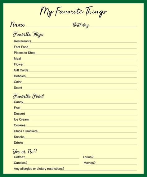 My Favorite Things Template - 10 Free PDF Printables | Printablee | Favorite things list ...