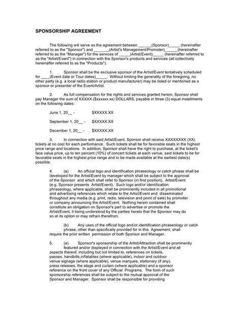 Sponsorship agreement template in Word and Pdf formats