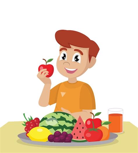 Niño comiendo frutas frescas y saludables | Vector Premium