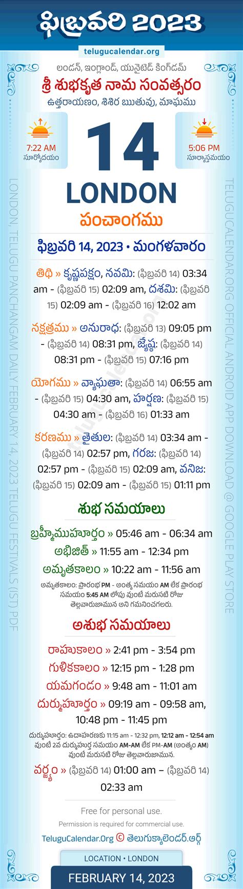 London » February 14, 2023 Telugu Panchangam