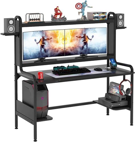 TIYASE Gaming Desk with Monitor Stand, Computer Desk with Hutch and Storage Shelves, Large PC ...