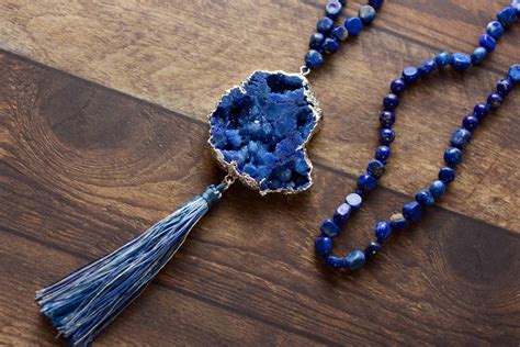 Druzy Pendant and Tassel Necklace Druzy Necklace Lapis