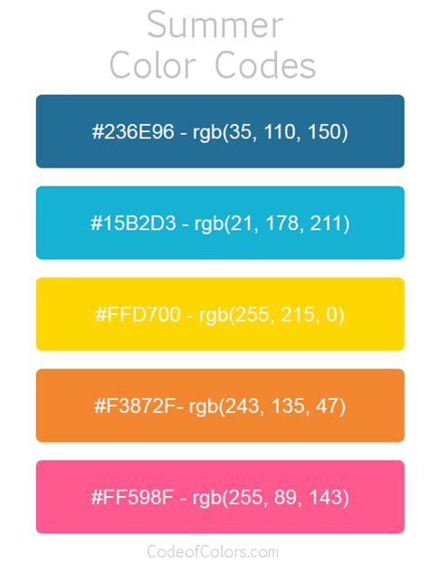 Summer Color Palette - Hex and RGB Color Codes | Rgb color codes, Hex color palette, Summer ...