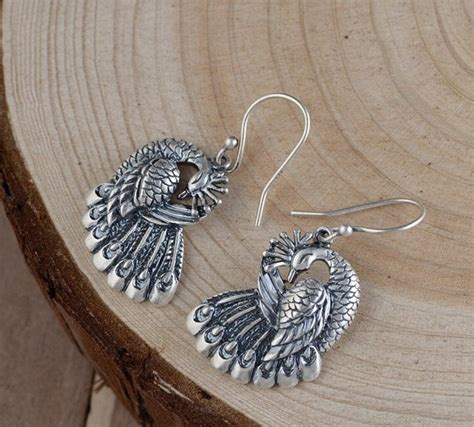 Silver Peacock Earrings Drop earrings women's Peacock | Etsy