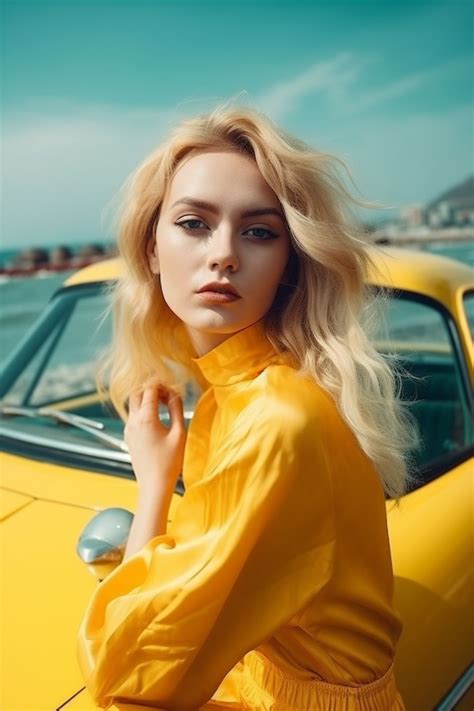 Blonde Woman in Yellow Plastic Clothes with Green Retro Car and Sea in the Background | Free AI ...
