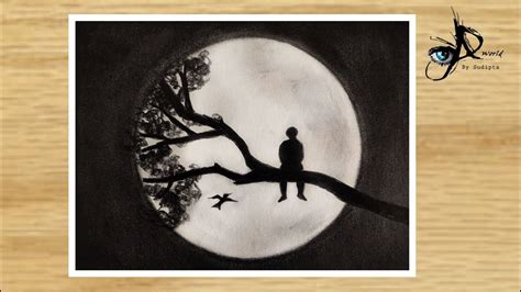 How to draw pencil drawing an alone boy | moonlight scenery drawing _ easy sketch step by step ...