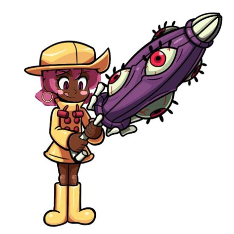 an image of a cartoon character holding a giant purple object in his hand and looking at it