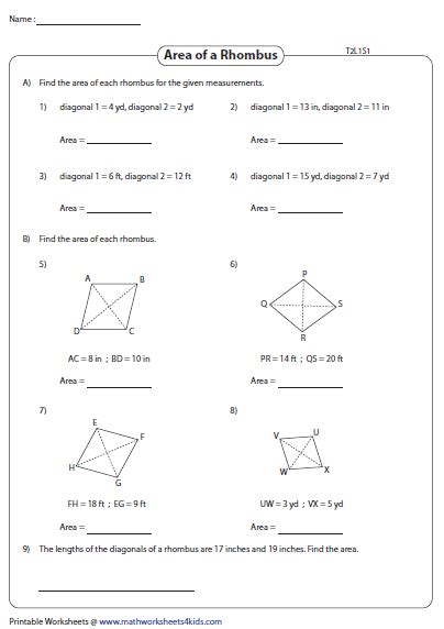 Area of a Rhombus | Integers - Type 2 | Practices worksheets, Rhombus, Graphing worksheets