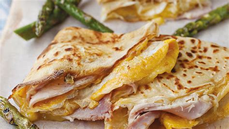 Ham, Cheese and Egg Crêpes with Griddled Asparagus