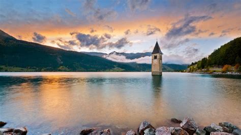 The bell tower in Lake Reschen in South Tyrol, Italy - Bing Gallery