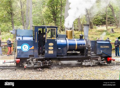 TIERRA DEL FUEGO, ARGENTINA - MARCH 7, 2015: Tourist steam train in National Park Tierra del ...