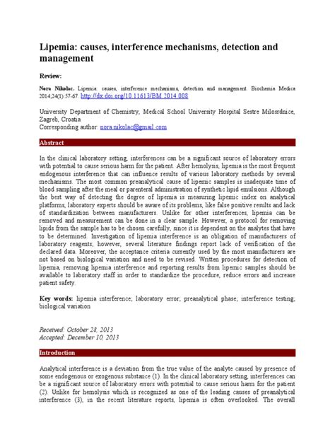 Lipemia: Causes, Interference Mechanisms, Detection and Management | PDF | Lipoprotein | Low ...