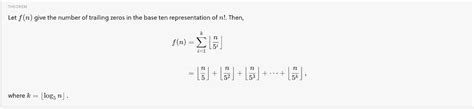 Number of trailing zeros in the factorial of an integer