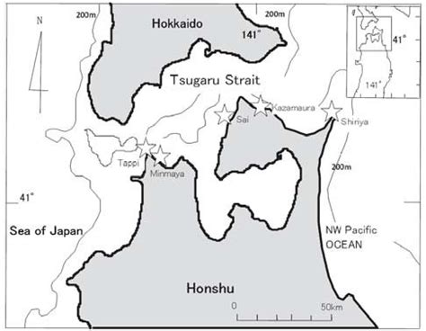 Map of the Tsugaru Strait area showing sampling stations () in Aomori ...