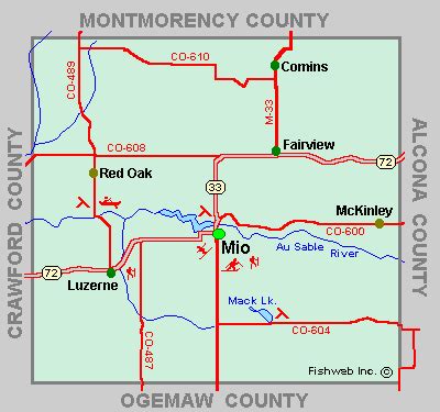 Oscoda County Map Tour lakes snowmobile ATV river hike hotels motels Michigan Interactive™