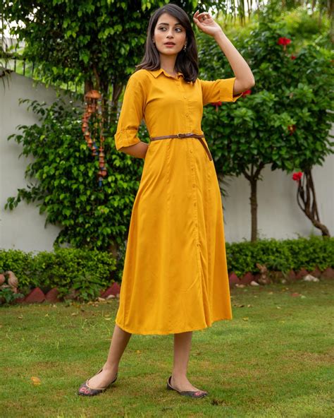 Mustard yellow button down dress with belt - Set Of Two by Studio Misri ...