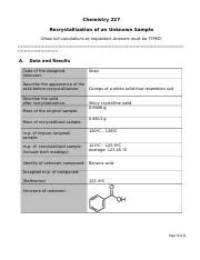 Recrystallization Lab Report.docx - Chemistry 227 Recrystallization of an Unknown Sample -Show ...