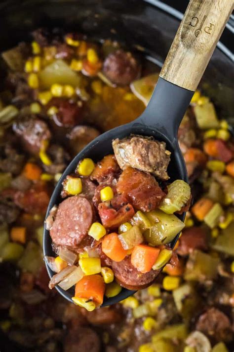 Sausage and Beef Stew in the Crockpot - Southern Plate