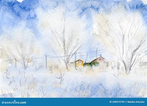 Hand Drawn Watercolor Winter Village Snow Landscape Stock Image - Image of watercolor, outdoor ...