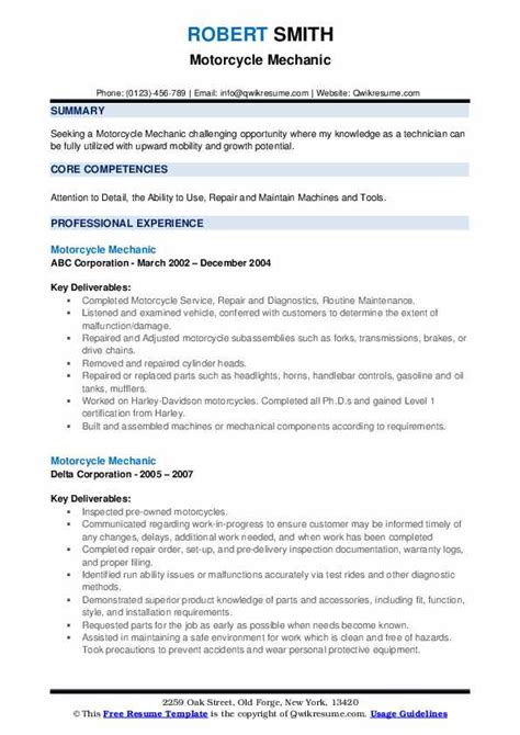 Motorcycle Mechanic Resume Samples | QwikResume