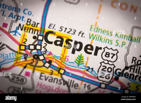 Closeup of Casper, Wyoming on a road map of the United States Stock ...