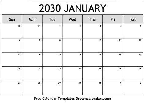 January 2030 Calendar - Free Printable with Holidays and Observances