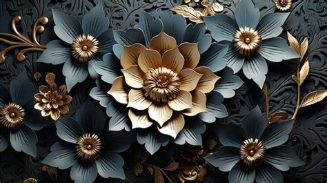 Premium AI Image | 3D illustration black and gold floral background with gold flower