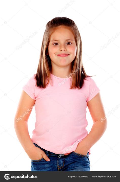 Happy Little Girl Pink Shirt Posing Isolated White Background — Stock Photo © Gelpi #190506610