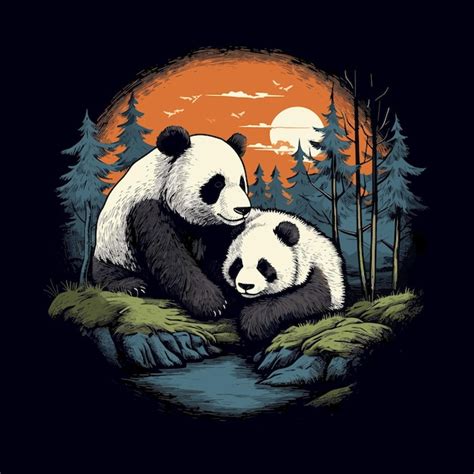 Premium Vector | Two pandas hugging in a forest with the sun behind them