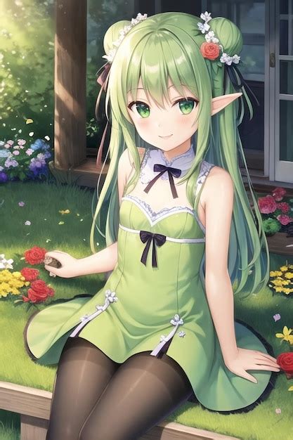 Premium AI Image | Anime girl in green dress sitting in the grass