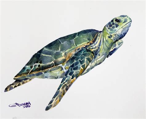 Sea Green Turtle swimming, Nature, Sea, Ocean, Sea life Art, Under the sea, ORIGINAL WATERCOLOR ...