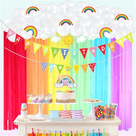 Buy Hombae Rainbow Birthday Party Decorations Backdrop with White Balloon Garland, Rainbow Crepe ...