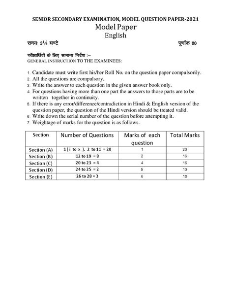 Rajasthan Board 12th English Sample Paper 2021