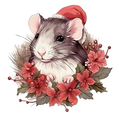 Hand Drawn Portrait Of Rat With Christmas Flowers Vector, Funny Christmas, Christmas Animals ...