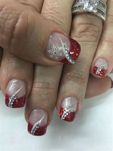 Red Glitter French Bling Rhinestones Snowflake Christmas Gel Nails #christmasnails ...