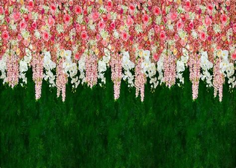 7x5FT Pink White Flowers Wall Blossom Green Grass Custom Photo Studio Backdrop Background Vinyl ...