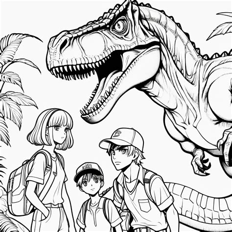 Anime Characters with Dinosaurs Coloring Page High Definition 8K | MUSE AI